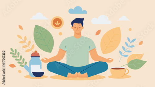 Man meditating in nature surrounded by leaves, tea, and wellness elements in a calm pastel illustration