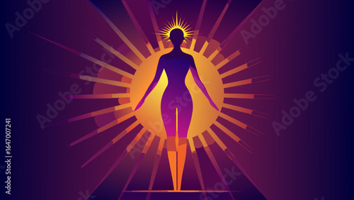 Radiant woman glowing with spiritual energy and light in a vibrant abstract wellness illustration