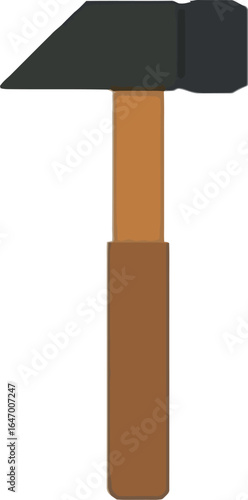 A digital rendering of a hammer with a black head and a brown wooden handle on a white background