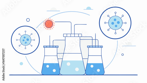 Cooling towers with contaminated water and magnified viruses in a flat scientific illustration