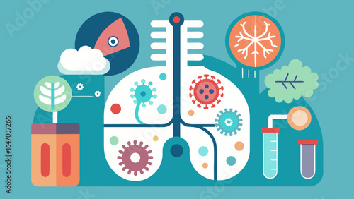 Human lungs with viruses, bacteria, and environmental elements in a colorful flat medical illustration