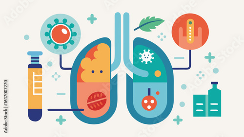  Legionnaires’ disease. Illustrated lungs with bacteria and risk sources like air conditioners in a colorful medical infographic