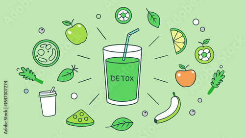 Green detox smoothie surrounded by fresh fruits, vegetables, and leaves in a hand-drawn style illustration