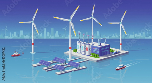 Floating Renewable Energy Farm with Wind Turbines and Solar Panels