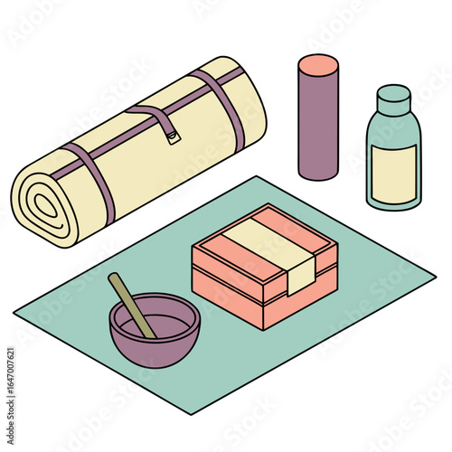Isometric yoga mat bolster block bowl and bottle pastel colors vector