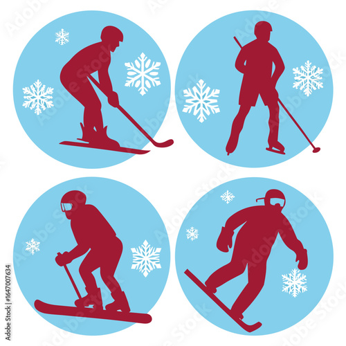 Four winter sports silhouettes skiers snowboarder ice skater with snowflakes skiing