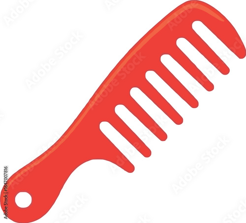 A simple red plastic comb with wide teeth and a handle with a hole on a white background image view