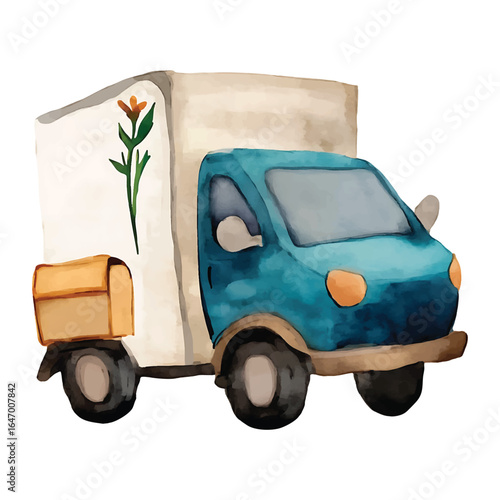 Watercolor delivery truck with flower logo on white background vehicle vector transparent background cutout