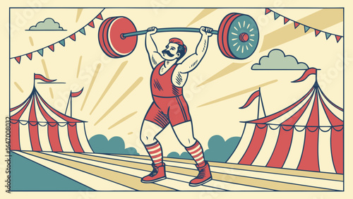 Vintage circus strongman weightlifting performance vector illustration design element art drawing graphic