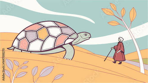 Illustration of tortoise and the hare fable with man walking in desert landscape art style 100