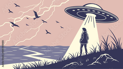 Ufo sighting illustration of a man watching a ufo with beam of light and birds flying in the sky scene