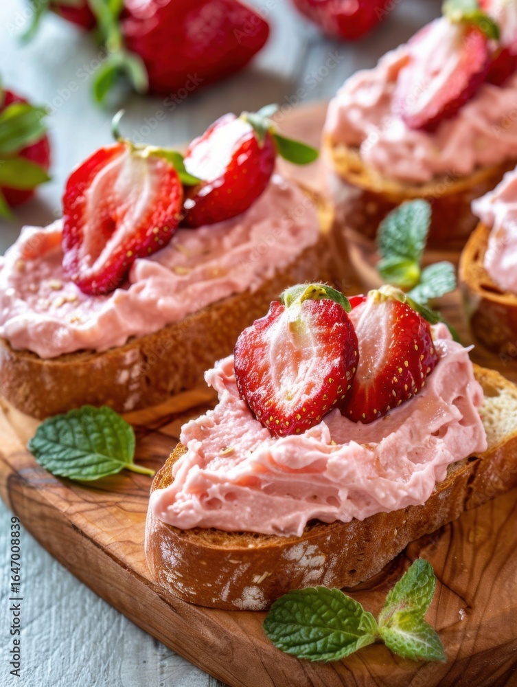Beet-dyed bread is artfully toasted and crowned with luscious pink cream cheese and sliced Strawberries. Warm light emphasizes the delightful contrast of colors Beet-dyed bread is artfully toasted and crowned with luscious pink cream cheese and sliced Strawberries. Warm light emphasizes the delightful contrast of colors