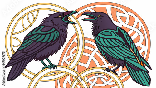 Two ravens celtic knot illustration mythology art raven artwork bird drawing raven design norse mythology art