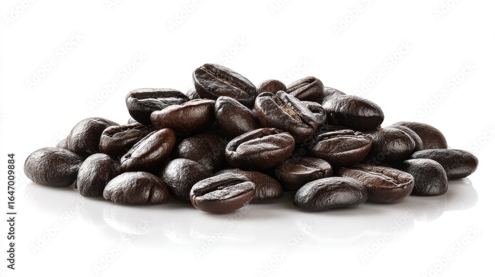 Obraz premium Roasted coffee beans clustered on white background