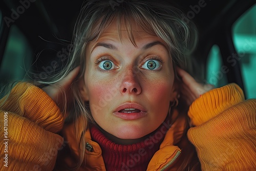 Surprised woman with blue-green eyes in orange jacket and red turtleneck, close-up portrait