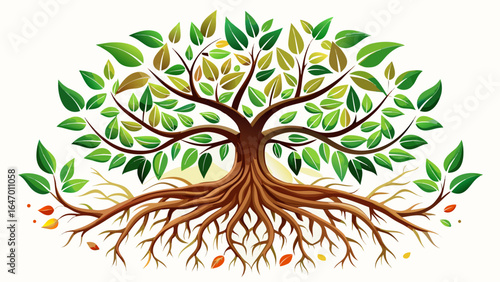 Roots intertwine below, leaves unfurl above, vibrant green against pure white background, embodying strength, harmony, and promise, capturing nature’s delicate artistry in a serene, inspiring, and gra