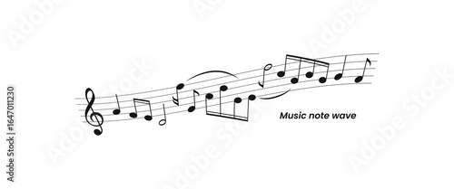Abstract vector of a music note wave. Treble clef, notes, and flowing staff lines create a dynamic, musical composition. Ideal for posters, invitations, and banners