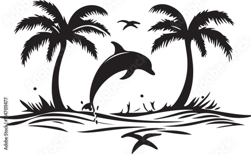 Black and white tropical scene with dolphin palms and waves