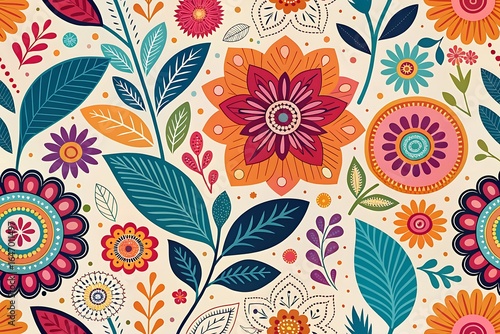 Decorative floral wallpaper design with bright petals and intricate leaf details 