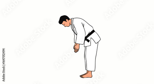 A barefoot martial artist with a black belt in a white uniform performing a respectful bow.