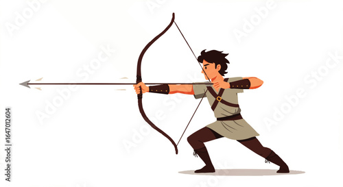 A determined male archer in historical attire aiming a traditional wooden longbow with a nocked arrow.