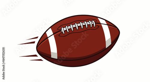 A dynamic cartoon illustration of a brown American football with white laces and stripes depicted speeding through the air.
