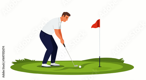 A focused male golfer in a white polo shirt putting on a green with a red flag.
