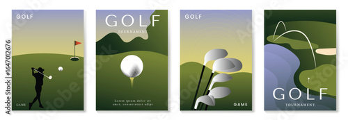 Golf tournament poster design background vector set. Sport event cover template with vibrant abstract gradient golf ball, people, stadium. Ideal design for social media, flyer, promotion, card.