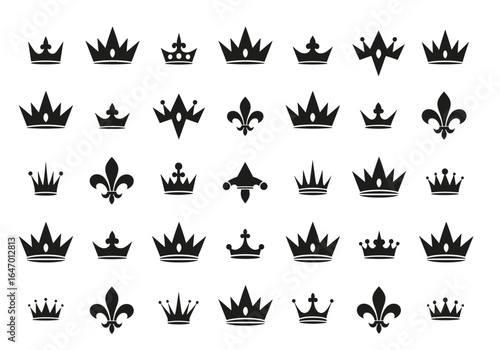 Collection of royal crowns and fleur de lis symbols representing nobility power and authority