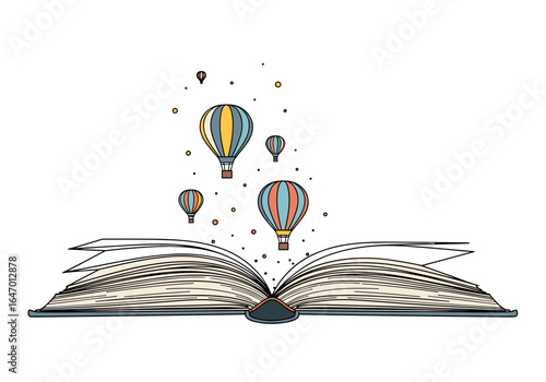 Discover new worlds and adventures through the pages of an open book with colorful hot air balloons ascending