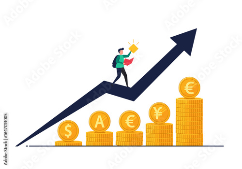 Illustration of a person climbing an upward trending financial graph surrounded by currency symbols and coins representing economic growth and investment success