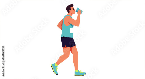 Athletic man in blue sportswear running and drinking water from a cup during a marathon.