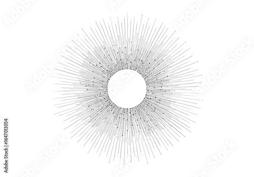 Geometric radial starburst pattern with central circle and fine line rays exploding outward in black and white abstract art