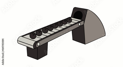 Automated Bowling Ball Return System Gray Metal Conveyor Belt with Eight Black Bowling Balls.
