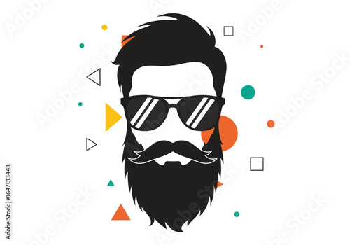 Cool bearded man wearing stylish sunglasses with a moustache and a modern geometric background design