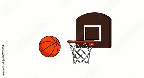 Cartoon basketball illustration with an orange ball approaching a brown backboard and hoop.