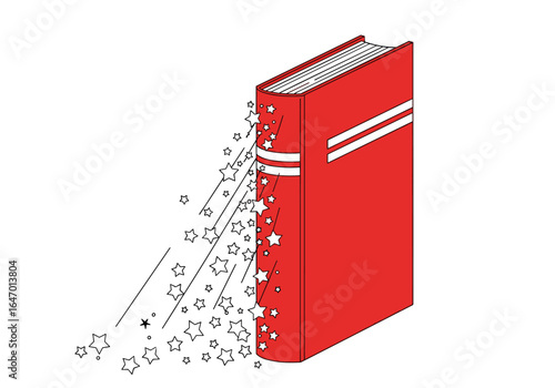 A red book transforms into a cloud of exploding stars showing the magic of reading and learning