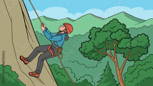 Rock climbing and rappelling adventure illustration with climber in mountain landscape for extreme sports