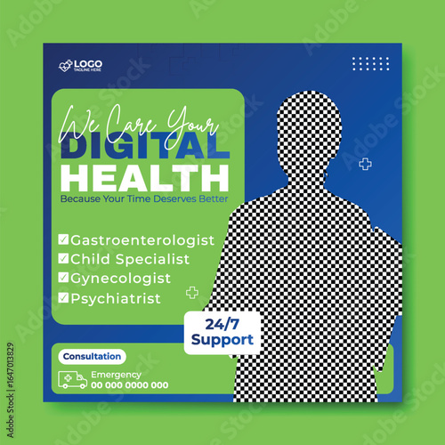 Digital Health Services Advertisement with Doctor and Specializations Listed for Social Media