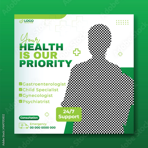 Medical Healthcare Social Media Post Design Template with Doctor and Text