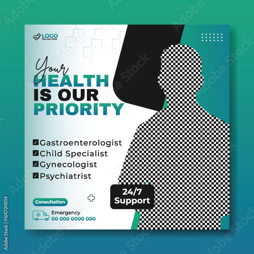 Medical Services Advertisement Featuring a Doctor and Health Slogans