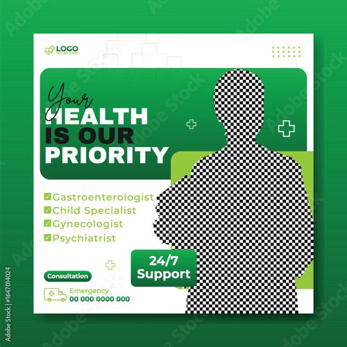 Healthcare Services Social Media Template with Doctor and Medical Specialties Listed