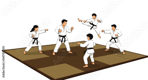 Cartoon illustration of diverse black belt martial artists training together on a tatami mat.