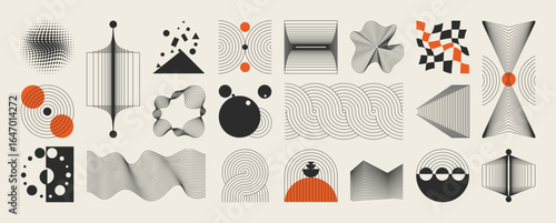 Abstract minimal element mid century vector set. Aesthetic contemporary stripe line art, vintage geometric shape,halftone in monochrome and orange. Atomic age Art form design for wall art, decoration.