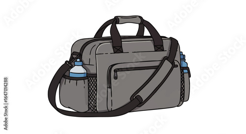 Cartoon style grey sports bag with handles, shoulder strap, and water bottles.