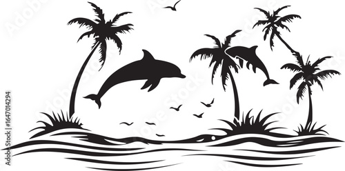 Tropical Island Paradise with Dolphins and Palm Trees Black Silhouette