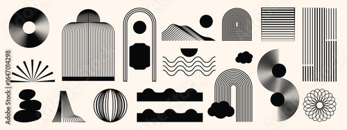 Abstract minimal element mid century vector set. Aesthetic contemporary stripe line art, vintage geometric shape,halftone in monochrome. Atomic age Art form design for wall art, decoration.
