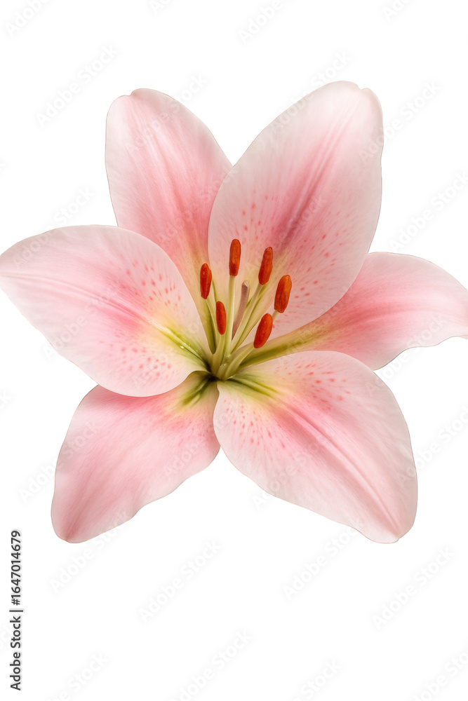 Fototapeta premium Photo of a delicate pink lily flower with visible stamens and pistil, showcasing its intricate details and soft petals, isolated on a clean transparent background for versatile design use