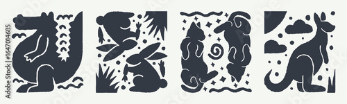 Cartoon illustration of crocodile, rabbit, cat, and kangaroo in a modern decorative silhouette style.