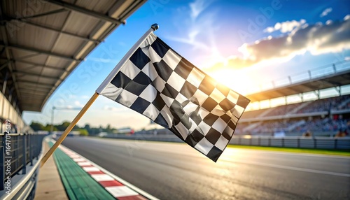 Checkered flag waving at racetrack sunset